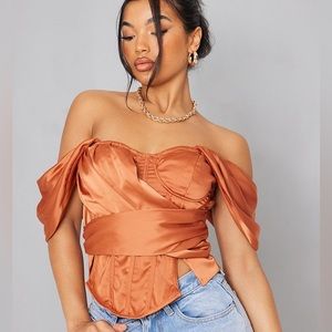 NWT PrettyLittleThing Rust Drape Front Pleated Satin Bardot Corset